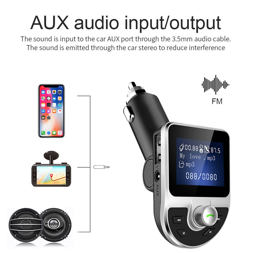 JINSERTA Handsfree Car Bluetooth FM Transmitter Modulator AUX Input/Output Music Play 3.1A Dual USB Charger with TF/U Disk Play