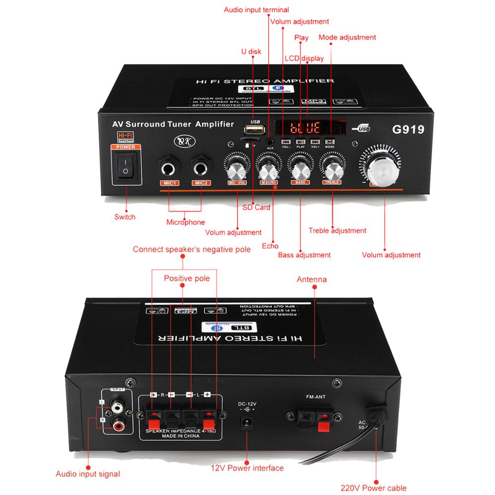 360W G919 Mini Amplificador Audio bluetooth Stereo Power Amplifier FM SD Hifi 2CH Amp Music Player Power Amplifier Car 12V 220V