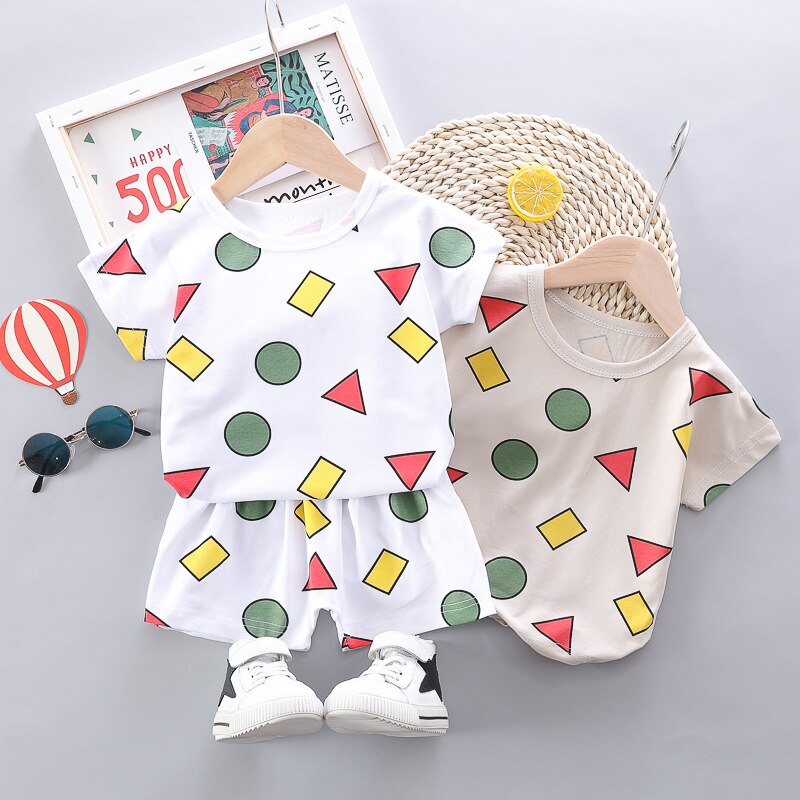 Bebis pojkar flickor pyjamasset kortärmad barnblus geometriskt tryck toppar+shorts nattkläder pyjamas barnkläder outfitset