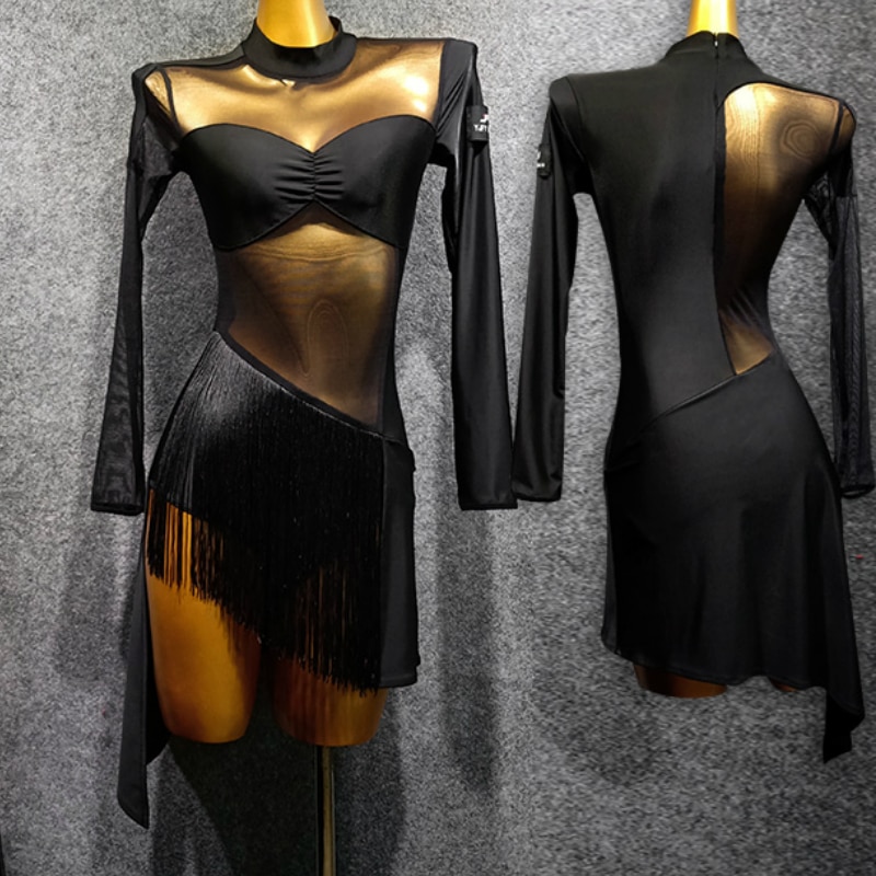 Latin Dance Dress Female Adult Dress Fringed Skirt Long Sleeve Dance Dress Tango Dress Women Ballroom Latin Dress