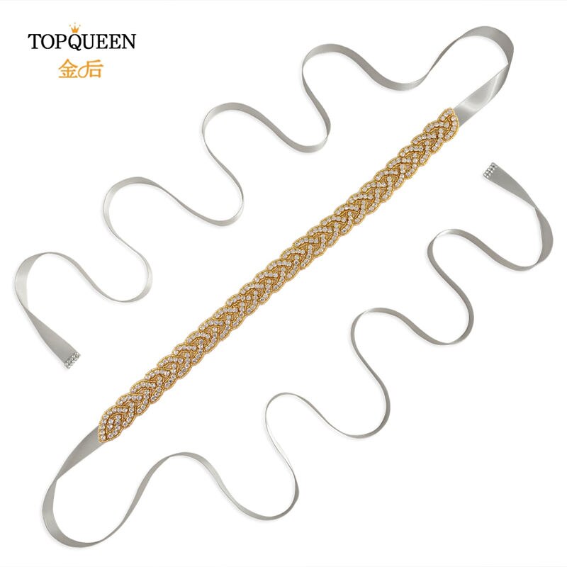 Topqueen  s216- g guld midjebälte fancy strass skärp guldpärlor brudbälte guld bälte för kvinnor bälten bröllop skärp bröllop: Grå