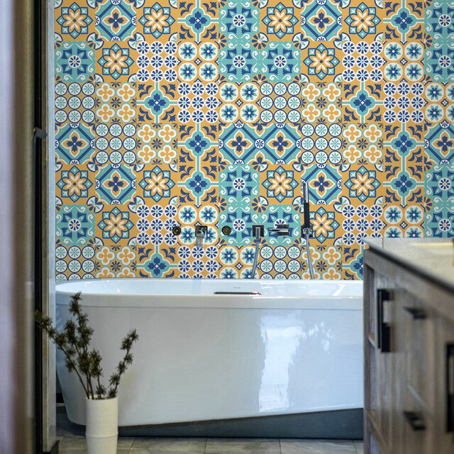 20pcs Moroccan Retro Printing Tile Pvc Waterproof DIY Wall Floor Stickers Decor Ceramic Tiles Home Living Room Decoration: 2 ET138 10 10CM