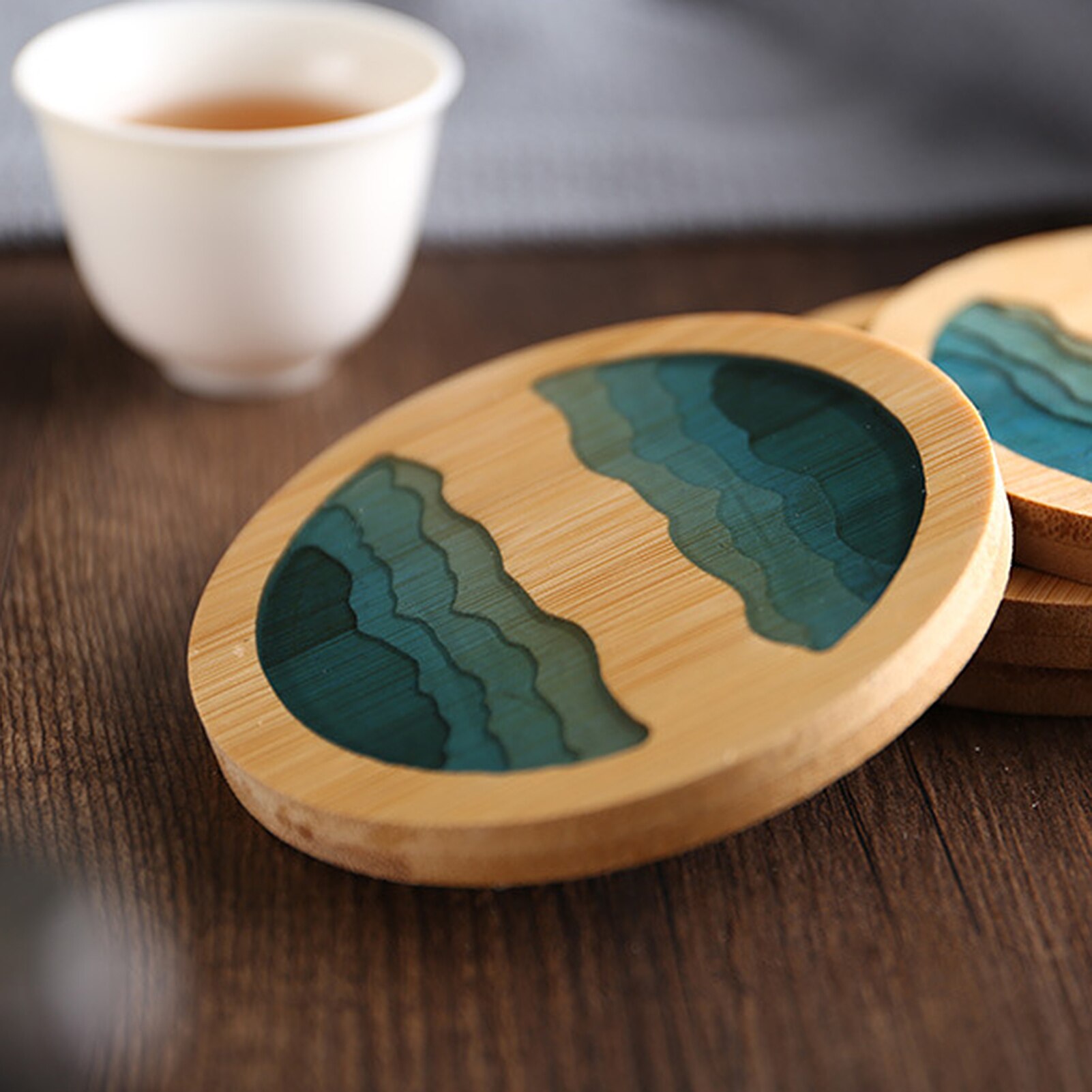Round Cup Pad Epoxy Resin Transparent Bamboo Insulation Pad Landscape Pattern Coaster Tea Cup Holder Mat For Kitchen