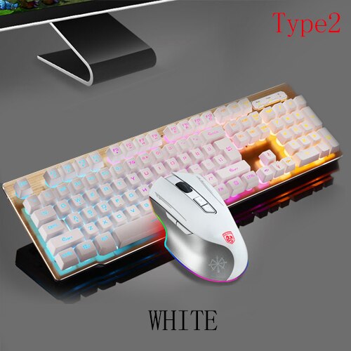 Imitation Mechanical Gaming Keyboard Mouse Combo Rechargeable Backlight Wireless Keyboard Alloy Panel Suitable For Computer Game: Type2 White
