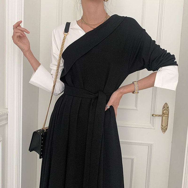 Robe longue en Patchwork de couleur pour femmes, col en v, épaules dénudées, manches longues, style coréen avec ceinture, Vintage B719