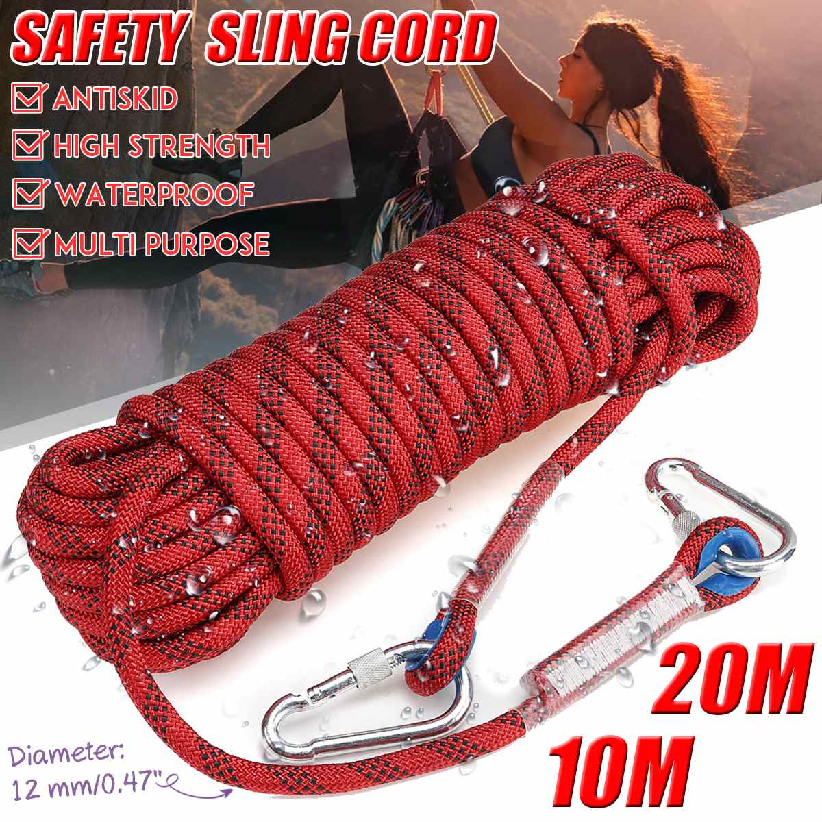 10/20M 12mm Rock Climbing Cord Outdoor Hiking Rope High Strength Safety Sling Cord Rappelling Rope Equipment Tools