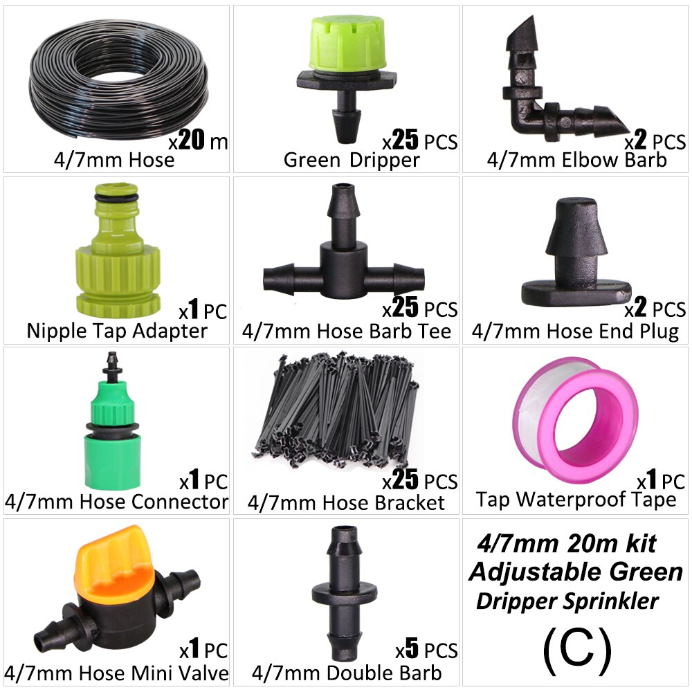 20m Garden Shower Drip Irrigation Sprayer System With Adjustable Watering Nozzle Sprinkler Mist Cooling Automatic Irrigation Kit: C