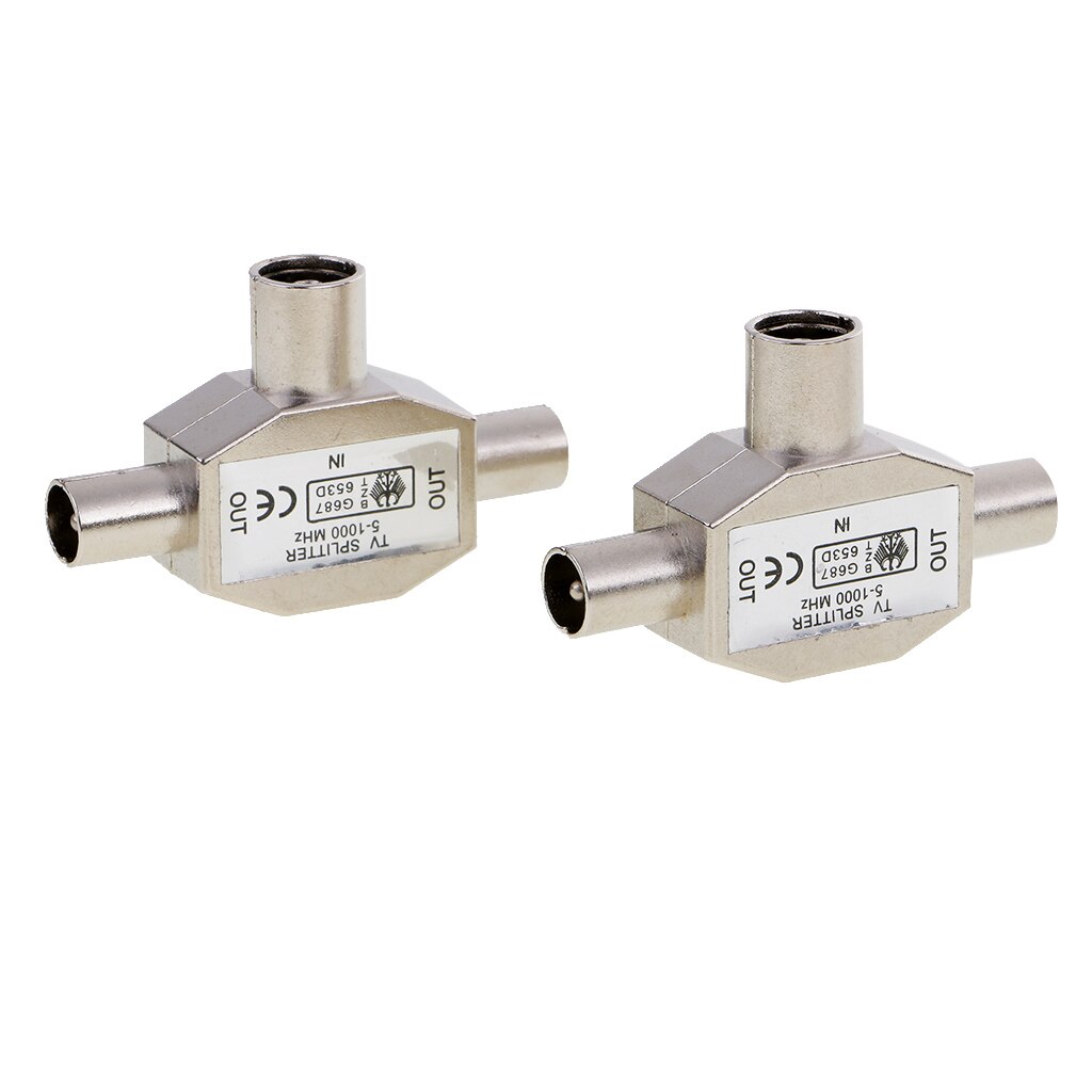 2 Pieces TV Aerial Metal Coaxial Signal Splitter 2 Way 1 Female to 2 Male