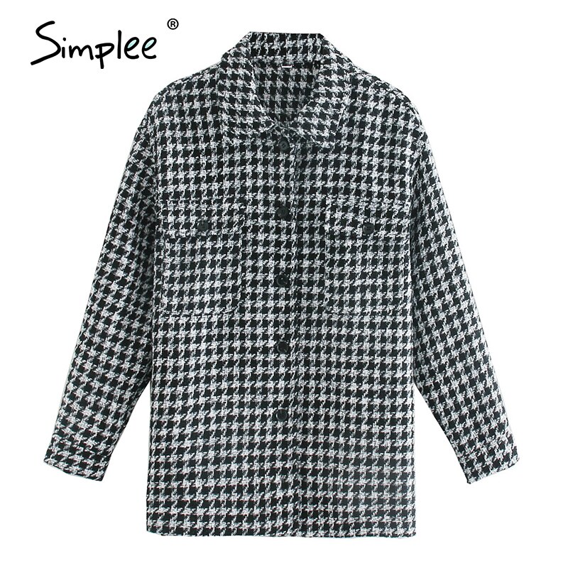Simplee elegancka perła tweedowa koszula w kratę kobiety jesienno-zimowa dorywczo luźna długi nadwymiarowe koszula główna ulica moda damska bluzka: czarny / L