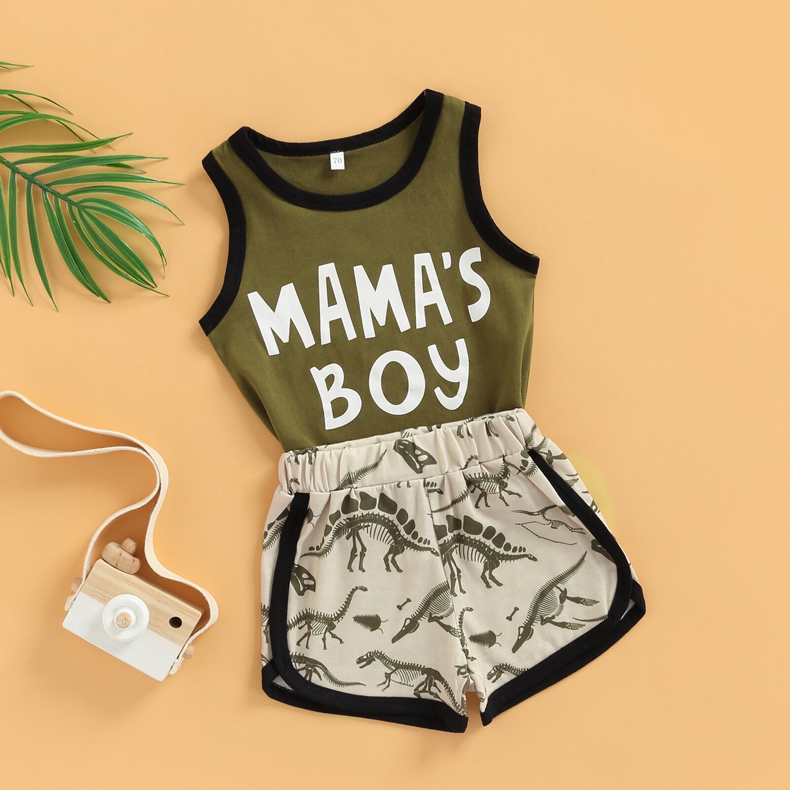 Tenue d&#39;été 2 pièces pour bébé garçon, haut gilet sans manches + short imprimé dessin animé dinosaure, couleurs assorties, col rond, lettres