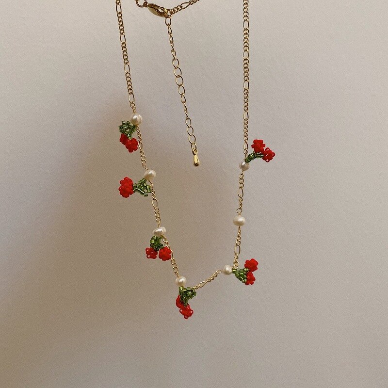 Kpop sød perlehalskæde beaded retro stil kirsebær vedhæng pige erklæring chocker halskæde kvinder smykker: 02