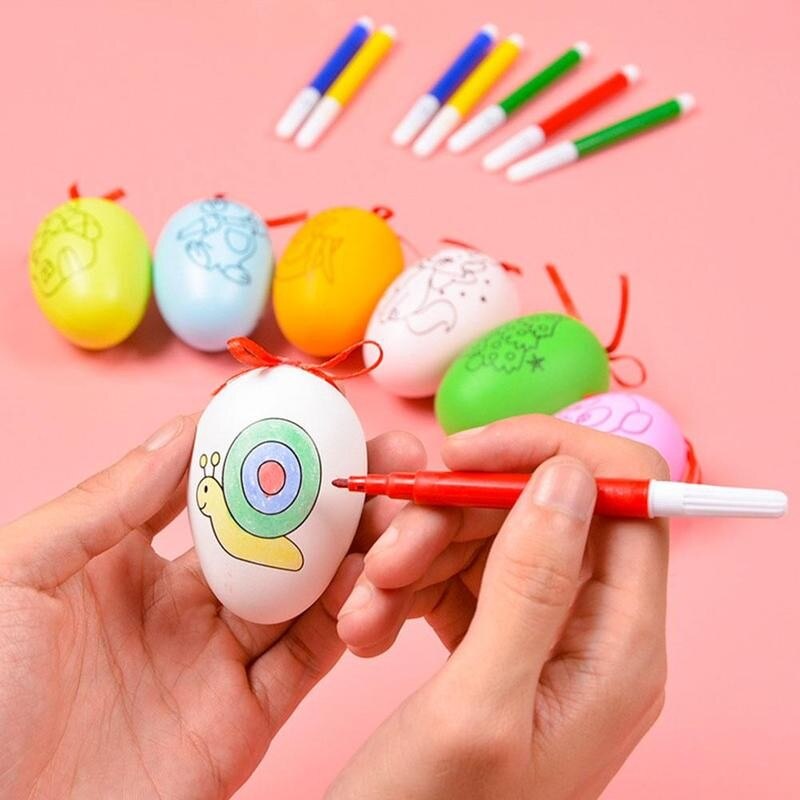 1pcs Cute Easter Eggs And 4pcs Color Pens Diy Hand Painted Eggs For Kids Interaction Puzzle Educational Learning