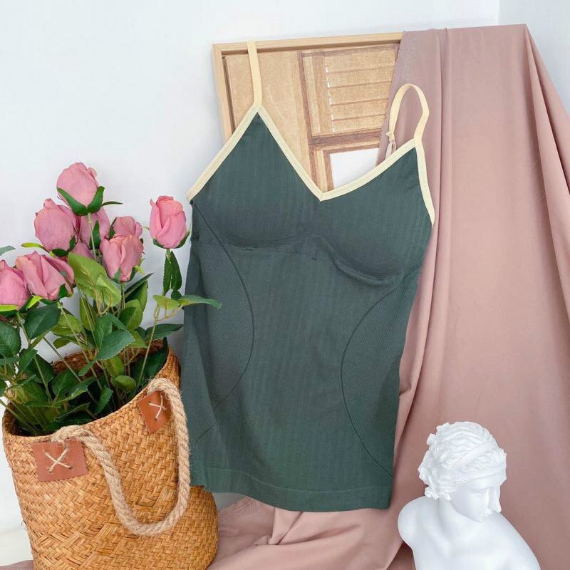 Chrleisure Lange Effen Kleur Vest Een Stuk Geweven Gestreepte Comfort Hemdje Draadloze Gewatteerde Push Up Tanktop