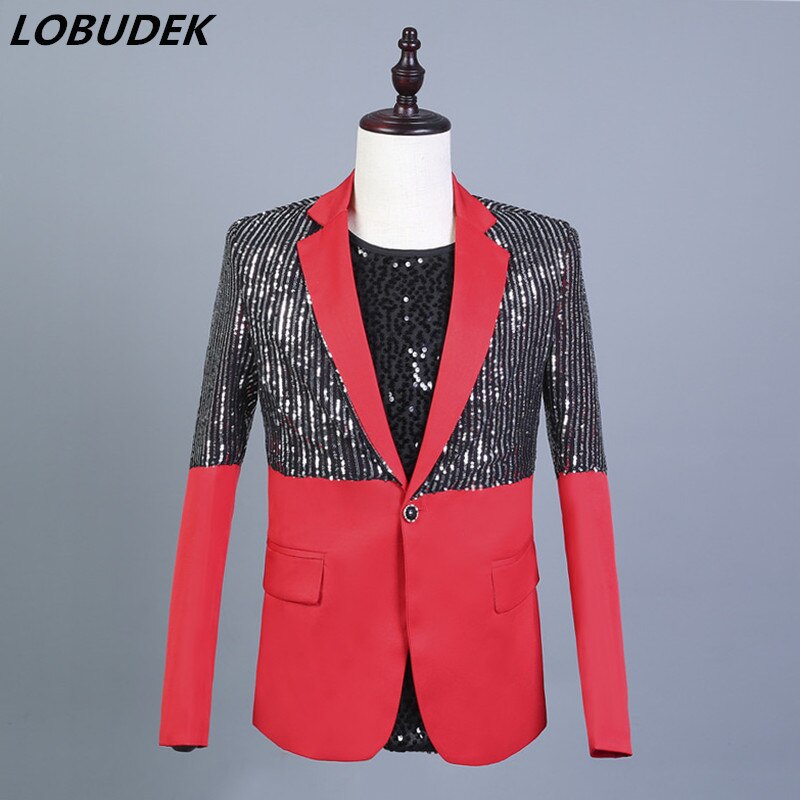 Réflecteur rouge noir épissage Costume veste hommes paillettes Blazers scène vêtements Bar discothèque DJ chanteur hôte Performance Costume