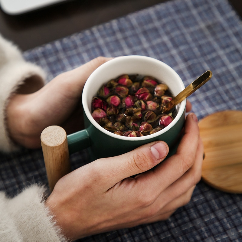 400ml trehåndtak farget glasur keramisk krus, moring krus med lokk, melk kaffe te unike porselenskopper drinkware
