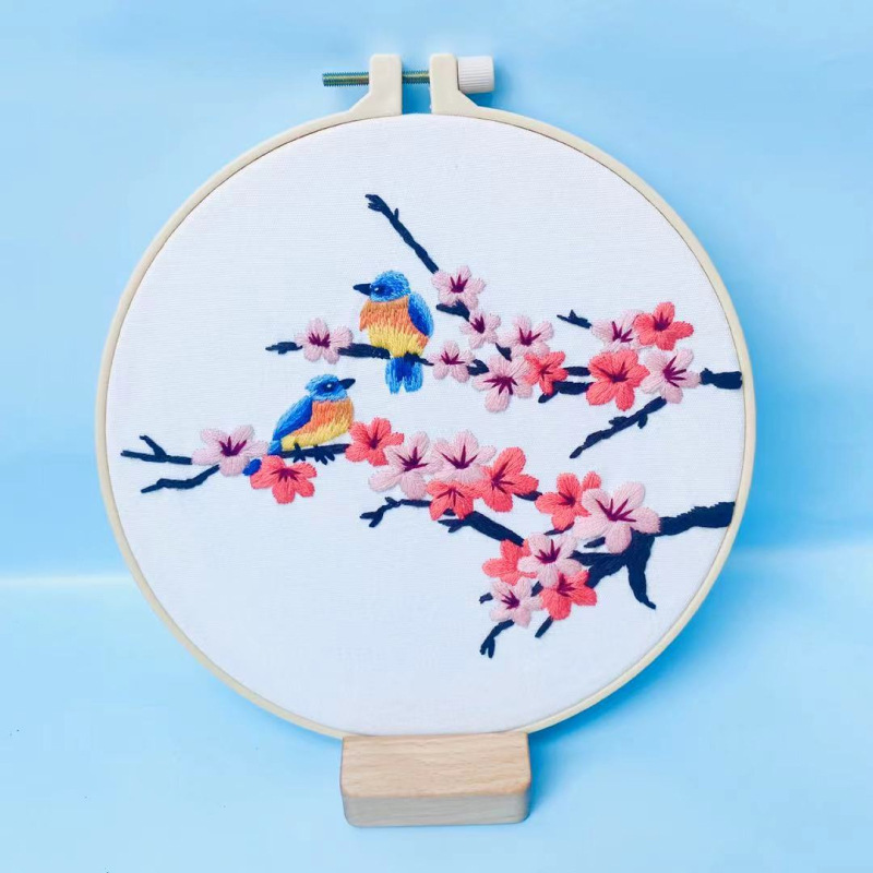 Blue Sparrow Embroidery Kit DIY Needlework Hummingbird Pattern Needlecraft for Beginner Cross Stitch(With Hoop)