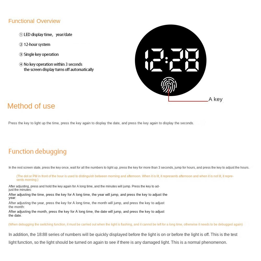Luminous Clock Touch Type Round LED Electronic Watch Portable Lightweight Digital Clock
