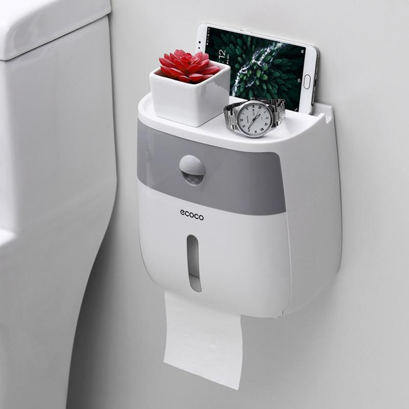 Wc toiletpapirholder vægmonteret toiletpapir bakke rulle med hylde badeværelse arrangør plast tissuekasse rulle papirrør: Grå
