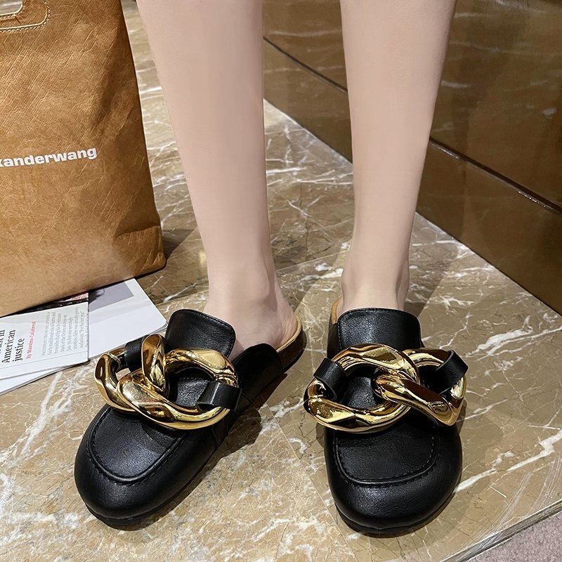 Gold Chain Decor Round Toe Flat Mules Lazy Loafers Shoes Women's Outdoor Cozy Soft PU Leather Casual Slippers Female Shoes