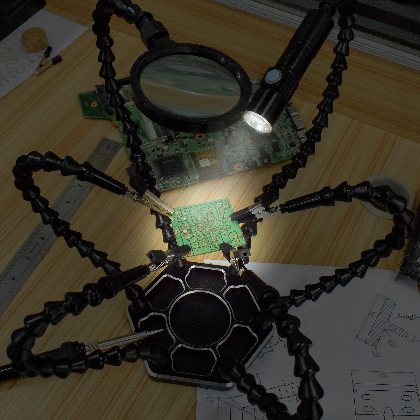 Helping Hands Soldering Third Hand PCB Tool with 6 Flexable Arms Light Rotatable Clips and Stable Desk Clamp Base for Soldering