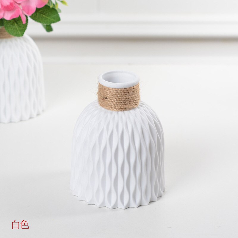Jarrón de plástico nórdico irrompible, anticerámica jarrones de flores, maceta de mimbre de imitación europea, arreglo de cesta simple, decoración del hogar: F White