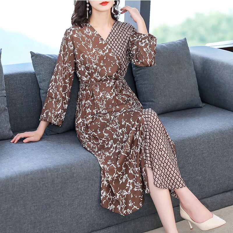 Vestido Midi de seda de morera para mujer, prenda de manga larga con estampado de primavera y verano, estilo coreano e informal para y oficina, 2022