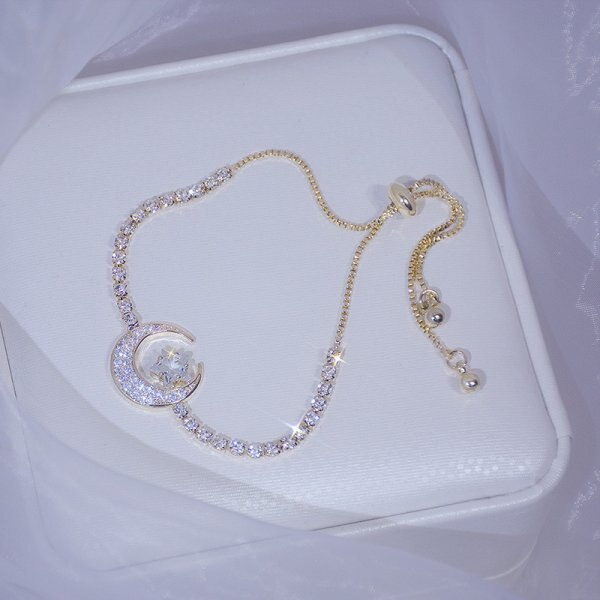 Pulseira com pingente de estrela e lua ajustável, pulseira simples, adorável, brilhante, de zircônia, joias femininas para amantes, presente: Star Moon Zircon