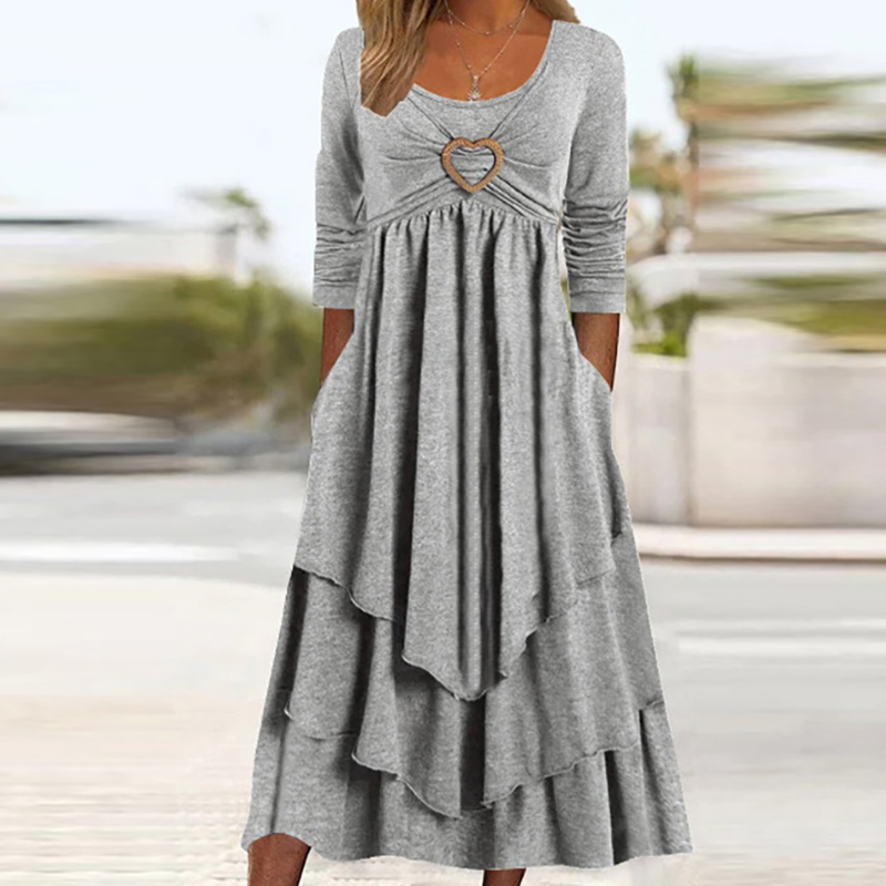 Office Women Patchwork Pockets Midi Dress Round Neck Basic Solid Long Sleeve Dress Lady Casual Summer Ruffles Club Dress: L / black