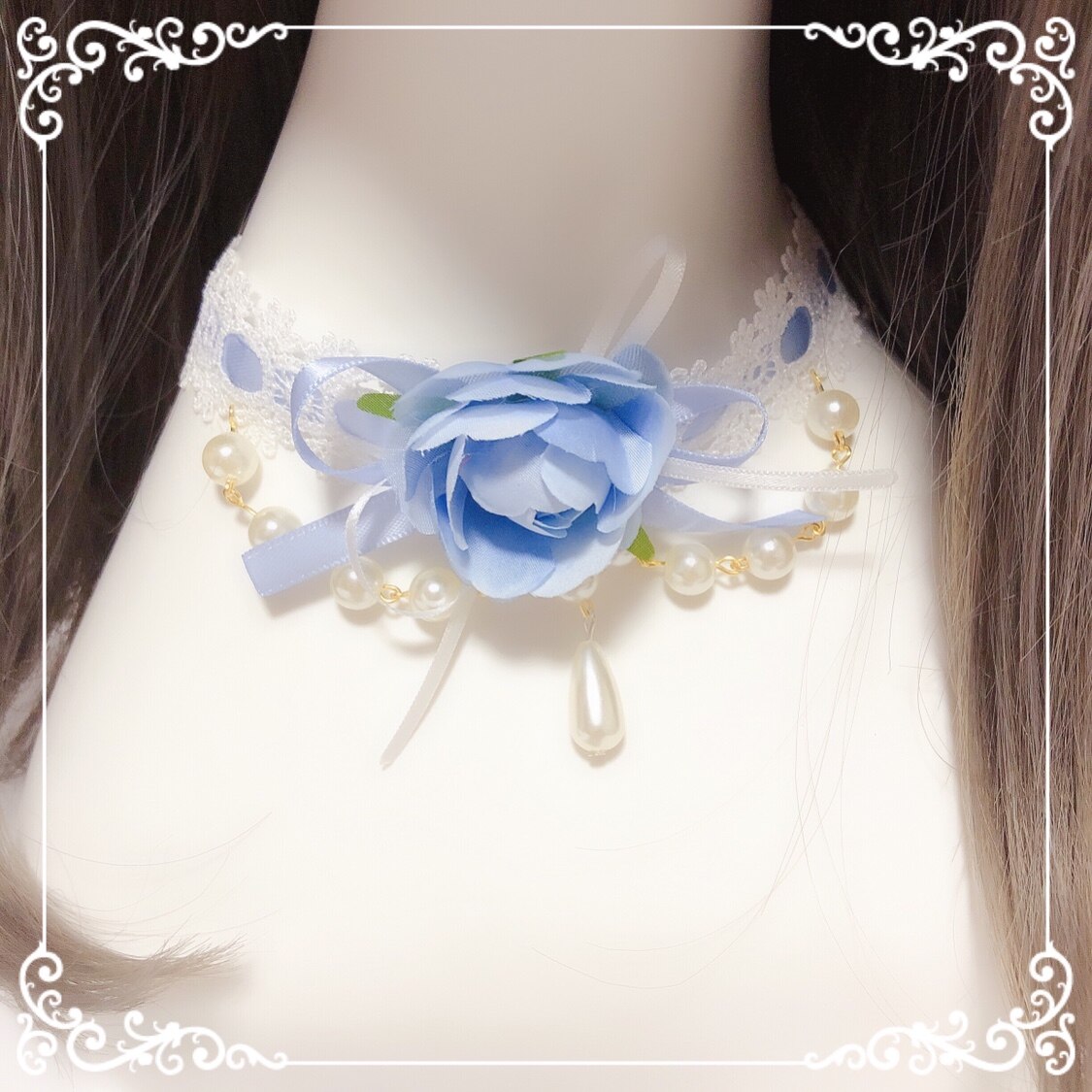 Lolita-accesorios para el cabello de color azul claro, accesorios para el cabello, diadema, flor, tocado gótico , flor azul cielo, boda: Necklace