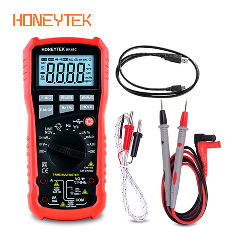 Honeytek usb multimeter sand-rms digital multimeter temperatur ac/dc voltmeter kontinuitetstest ncv multimeter
