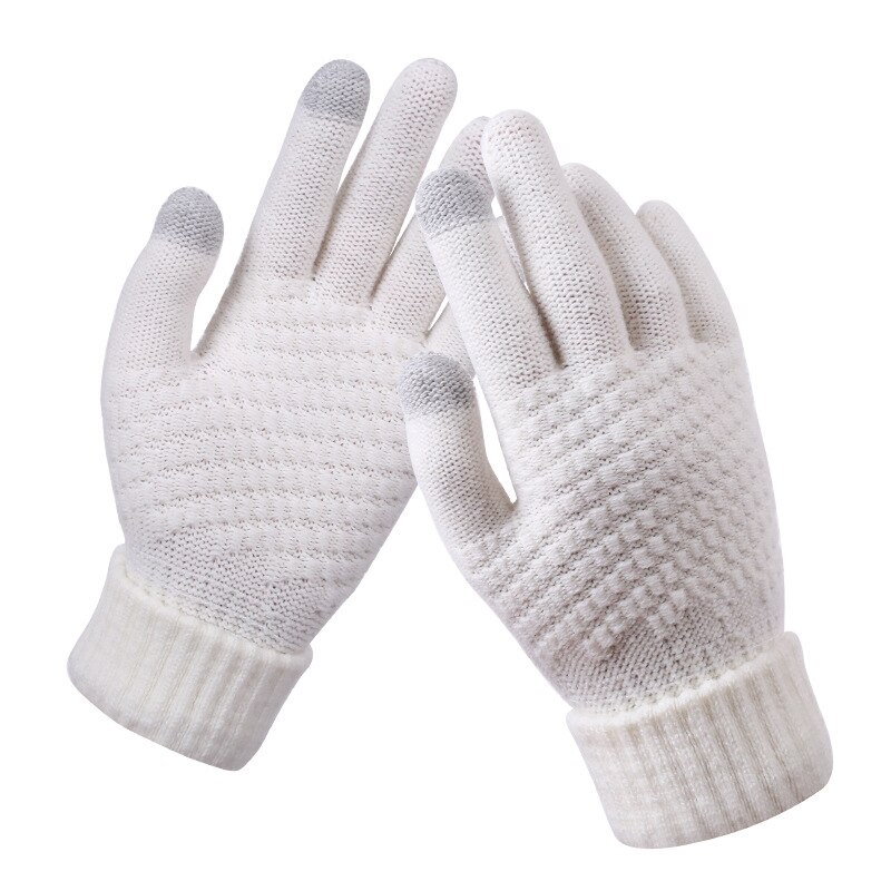 Kvinders cashmere uldstrikkede handsker vinter varm tyk berøringsskærm handsker solide vanter til mobiltelefon tablet pad: Hvid
