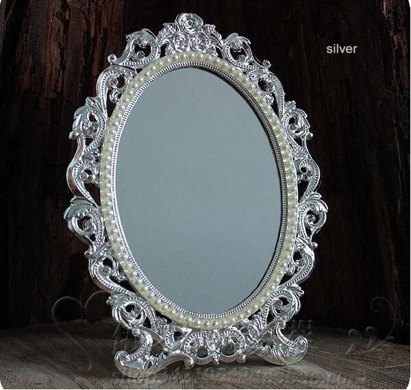 Espejo cosmético de escritorio retro para maquillaje, marco de metal con perlas en relieve floral, Decoración de mesa, bronce plateado, 337A: silver