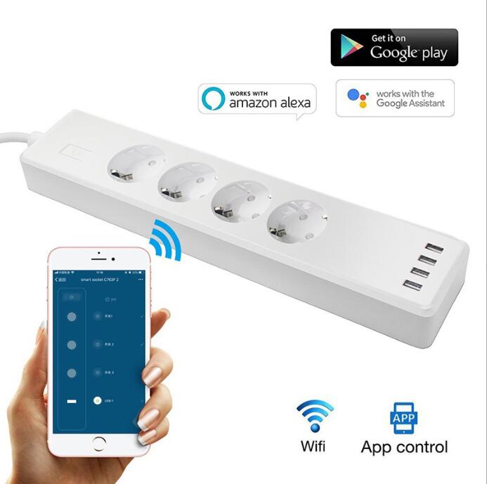 Smart Wifi Power Strip Eu Uitschuifbare Socket Met 4 Plug En 4 Usb Socket Poort Compatibel Met Alexa En Google nest