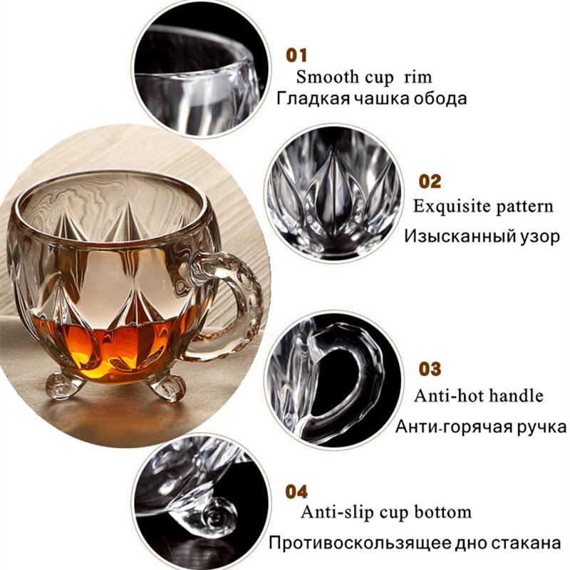 210ml Crystal Glass Tea Coffee Water Cup Transparent cup Home Milk flower tea Juice Glasses Cups Mug with Handle for