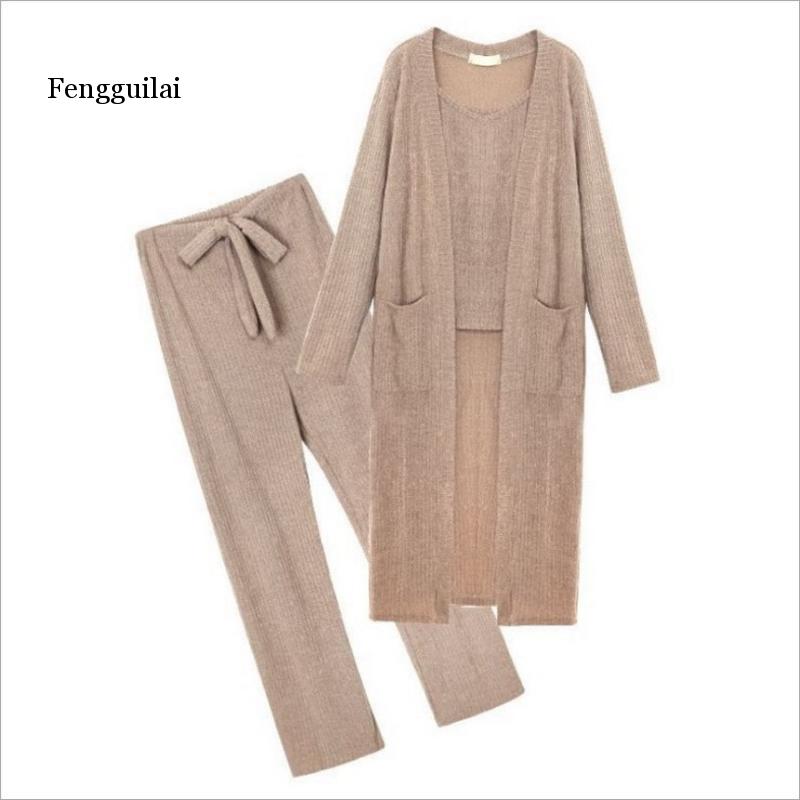 Spring Women's Sling Knit Cardigan Suit Female Korean Loose Trousers Three-piece