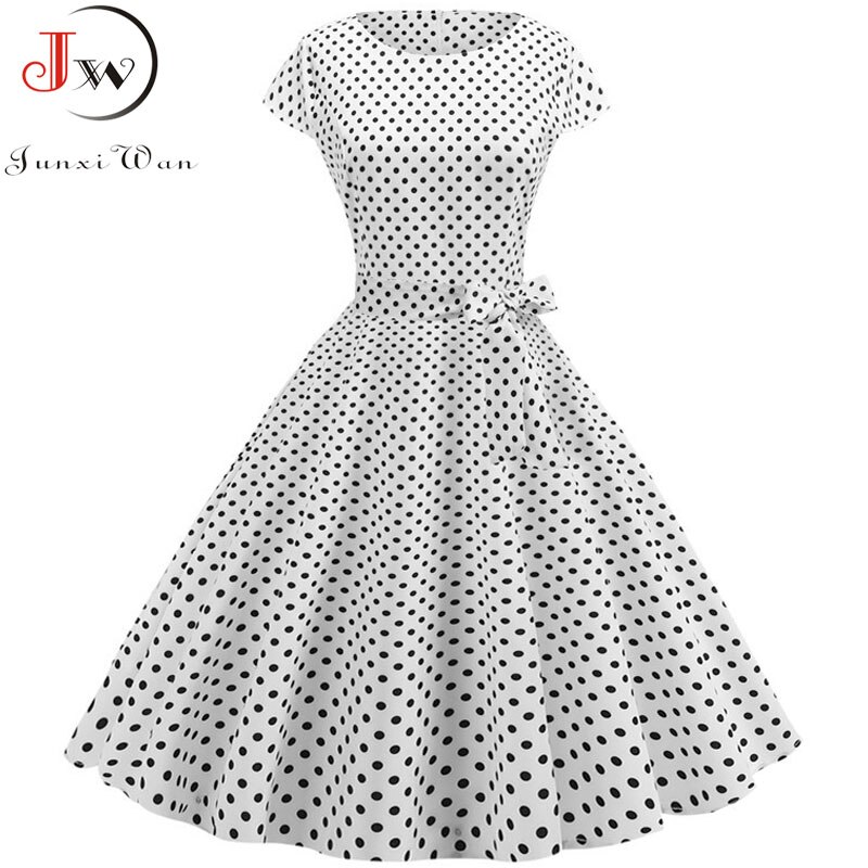 Vintage Kleid Damen Sommer Kurzarm Polka Dot Midi Casual Büro Partykleid 50er 60er Pin Up Rockabilly Kleider: L / Grau