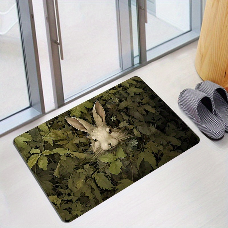 Magisch bosdierkleed – polyester mat met konijnenprint voor woonkamer, slaapkamer en entree, duurzaam laagpolig groen woondecoratie