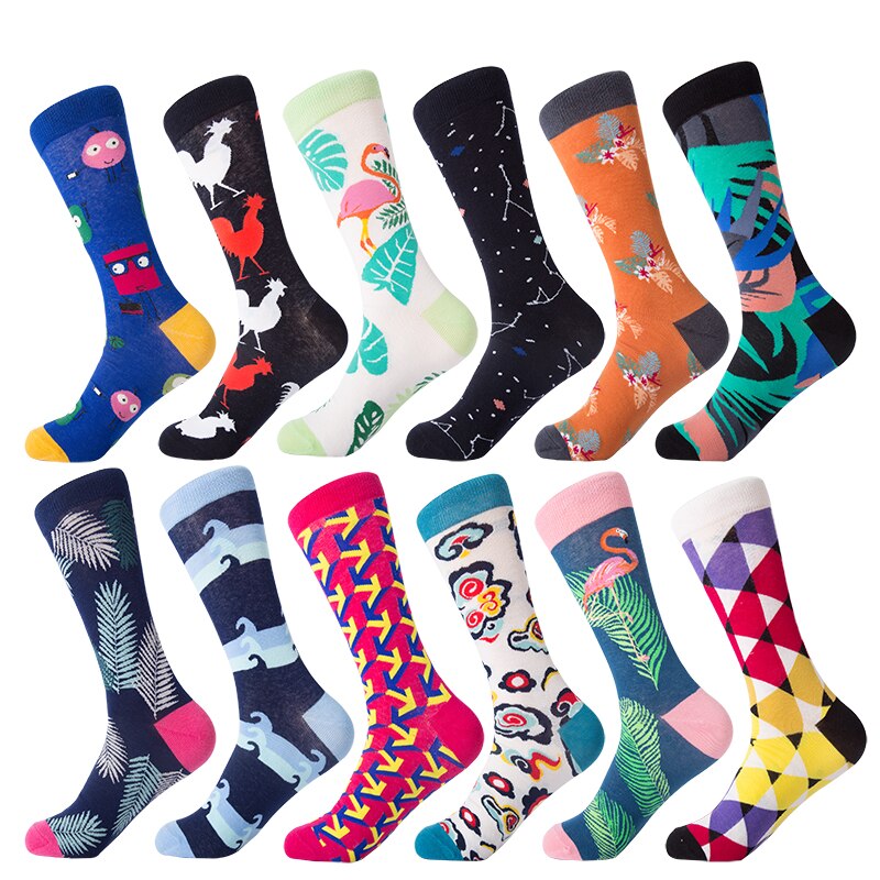 MYORED 12 par/lote calcetines informales para hombre a cuadros coloridos dibujos animados de frutas animales lunares rayas feliz de negocios calcetas de algodón de vestir Hombre: T029