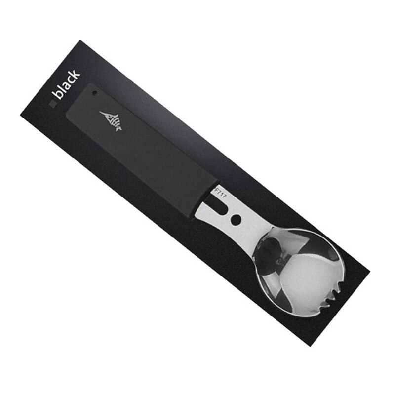 Kit de utensilios de cocina para acampada, cuchara, tenedor, abrebotellas, portátil, multifuncional, seguridad y supervivencia, acero inoxidable duradero: Silver and black set