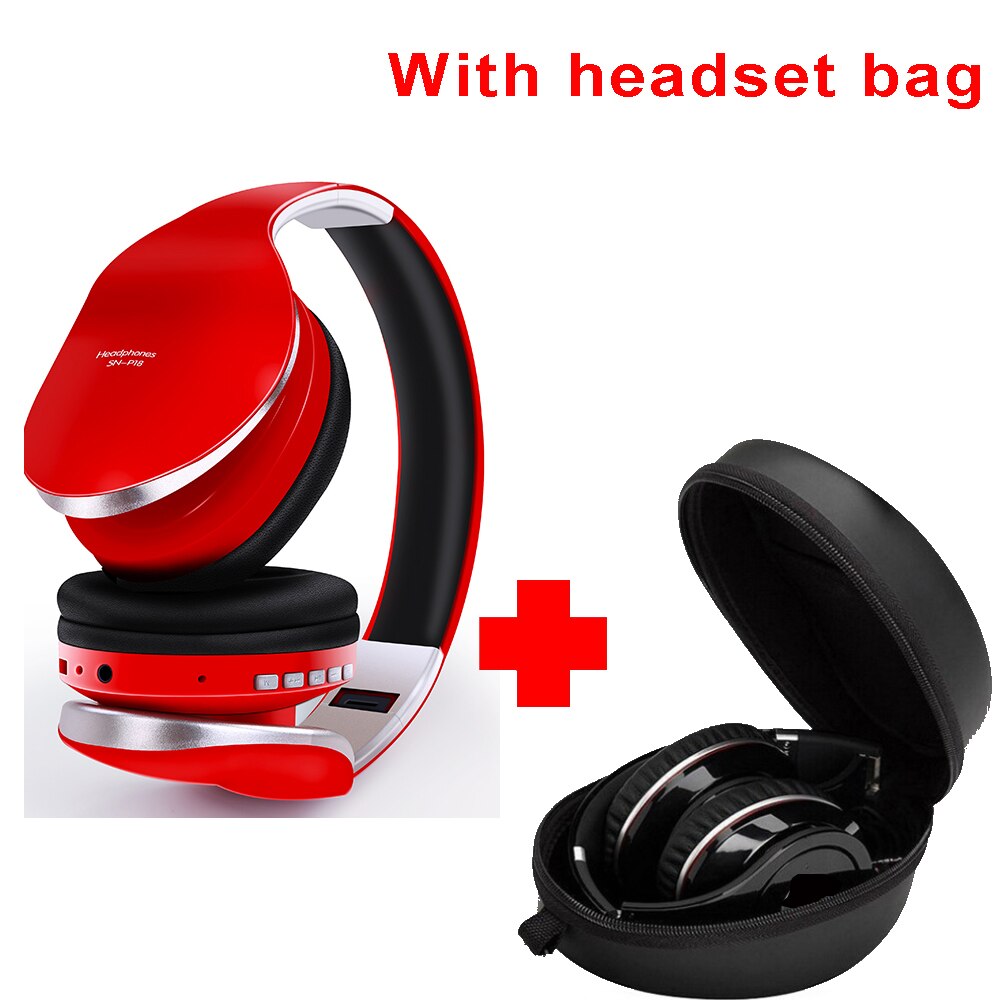 PunnkFunnk Wireless Headphones Bluetooth Earphone 5.0 Foldablel 3D Bass Stereo Noise Reduction Gaming Headset/Mic For Mobile PC: Red-with Bag