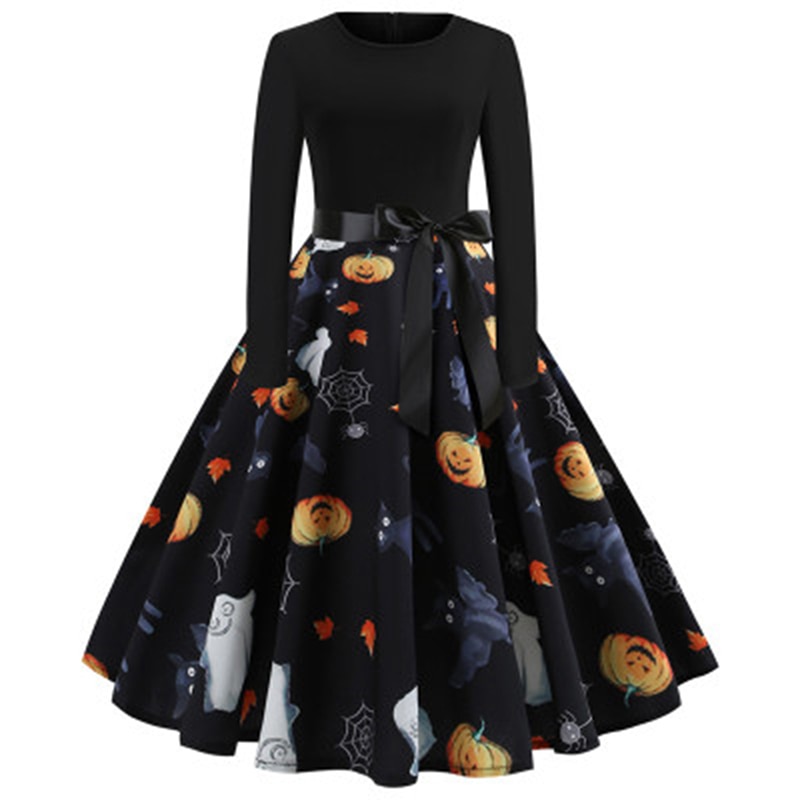 Fancy Pumpkin Printed Halloween Dress Long Sleeve Mid Length Princess Swing Dress Ladies Costume for Festival Party S-XXL: Black 1 / S