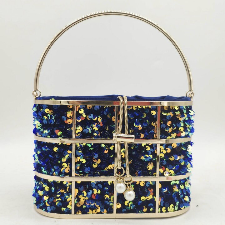 Boutique De Fgg Bling Lovertjes Vrouwen Metalen Emmer Clutch Handtassen Chain Schouder Crossbody Tassen Party Cocktail Avond Purse Bag: MIL1290-BLU