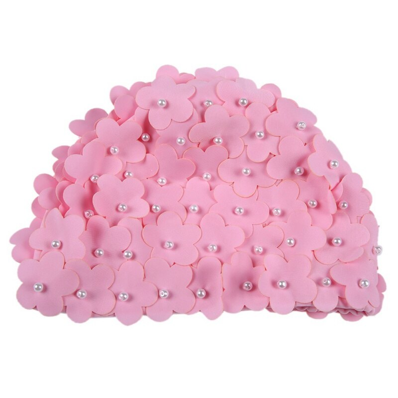 Handgemaakte zwemsportmuts dames parel gestikte bloemen bloemen elastische ademende strandmuts badmuts sportkleding lang haar