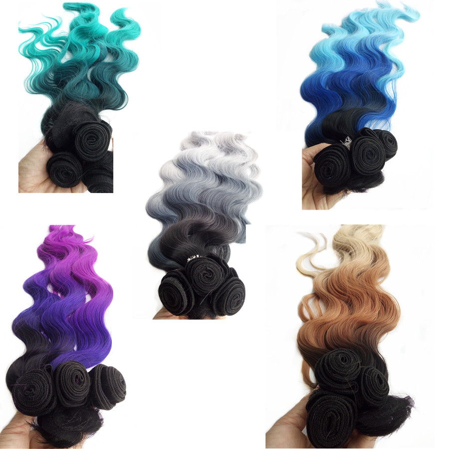 Extensión de pelo sintético impregnado 280 g/set 4 Uds. Color gris azulado negro 3 tonos Ombre alta temperatura fibra onda corporal para mujeres
