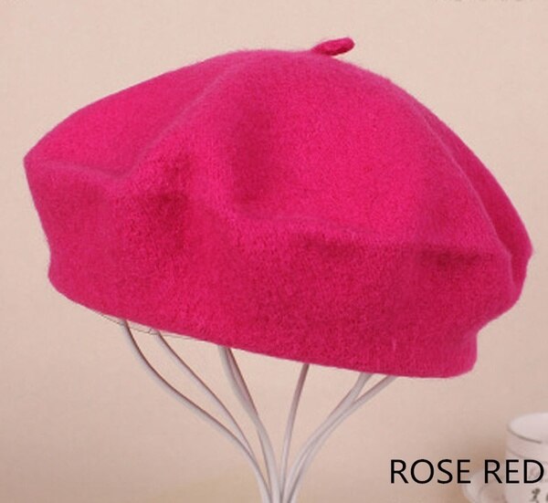 Vrouwen Meisje Beret Franse Kunstenaar Warme Wollen Winter Beanie Hat Cap Vintage Vlakte Baret Hoeden Effen Kleur Lady Winter caps: Rose Gold