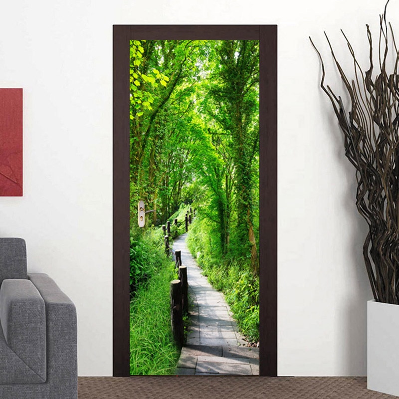 Green Forest Path Landscape Door Sticker Living Room Hotel PVC Self-Adhesive Waterproof Wallpaper 3D Door Decals Papel De Parede