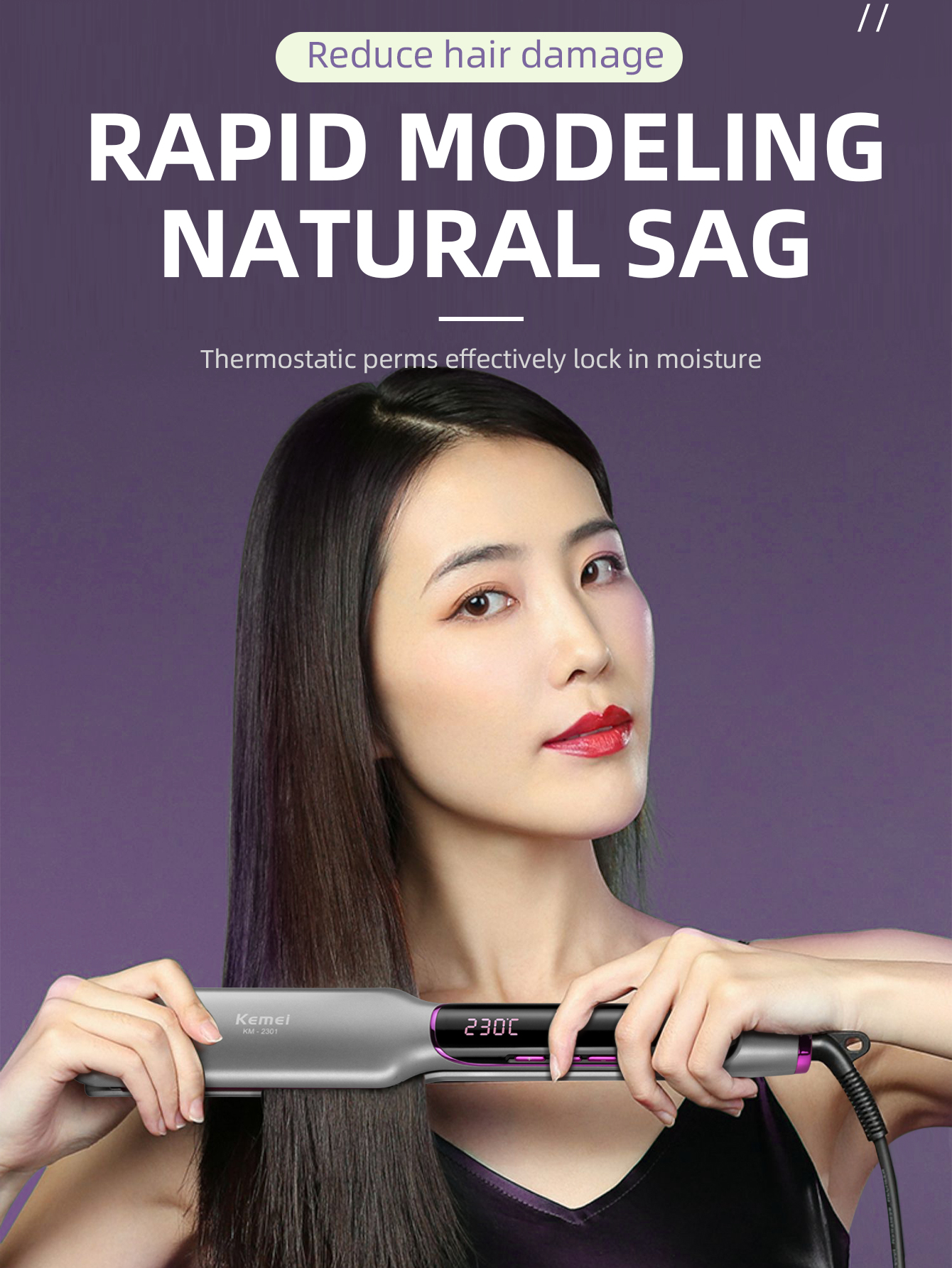 Plancha de pelo KEMEI con pantalla LCD, plancha plana de iones negativos, plancha alisadora de cabello infrarroja, cuidado del cabello para mujer