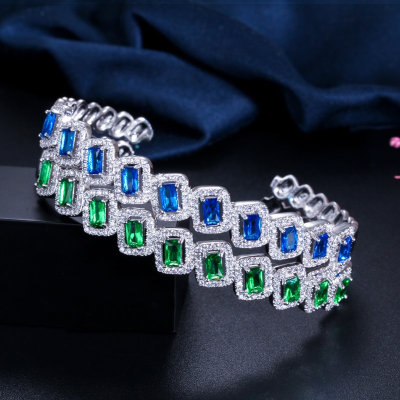 CWWZircons Silver Color Micro Pave Green Blue Cubic Zirconia Stone Love Open Cuff Ladies Bangles Jewelry for Wedding Party BG030