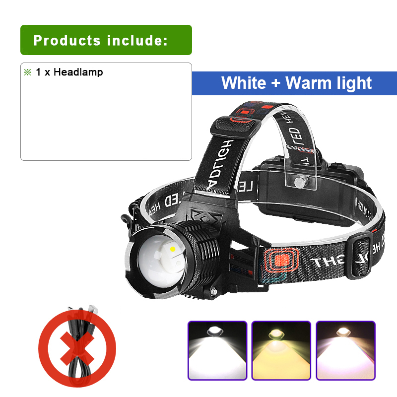 Warm/White Powerful LED Headlamp Fishing Headlight Rechargeable Head Flashlight High Power Outdoor 18650 Head Lamp Fishing Light