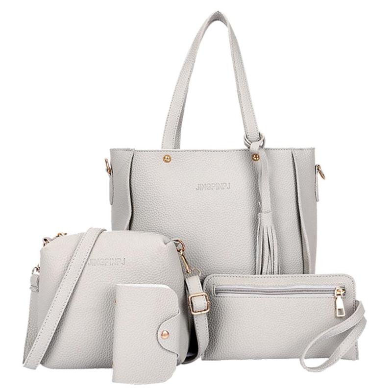 Conjunto de bolsos de hombro con borlas de Lichi para mujer, bandoleras cruzadas de piel sintética con asa superior, estilo informal, a la , 4 unids/set: Gris